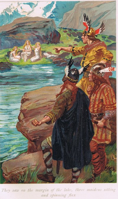 They saw on the margins of the lake, three maidens sitting and spinning flax, illustration from 